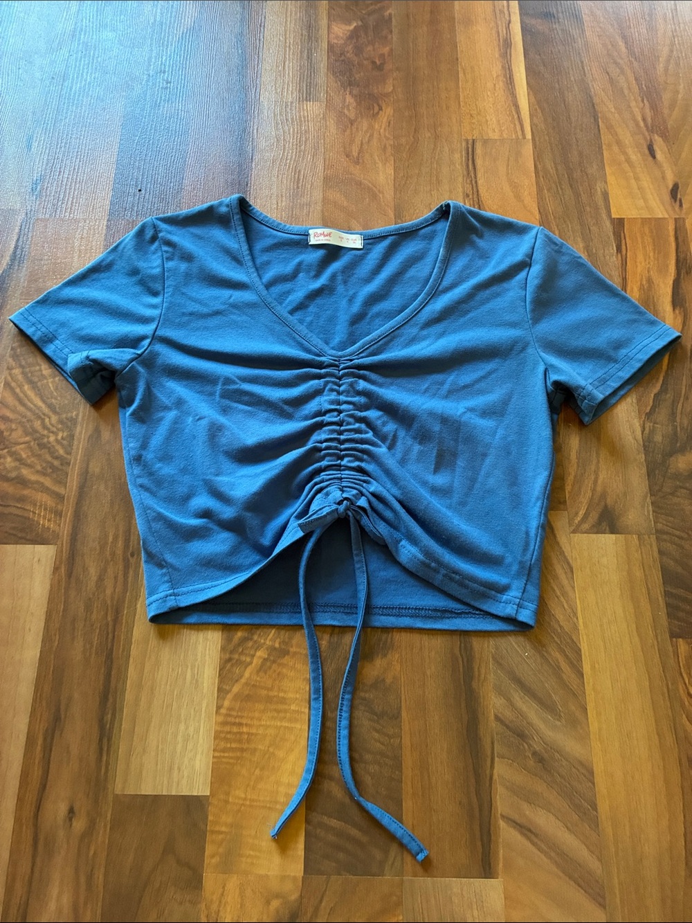 ROMWE Blue V-Neck Ruched Drawstring Crop Top